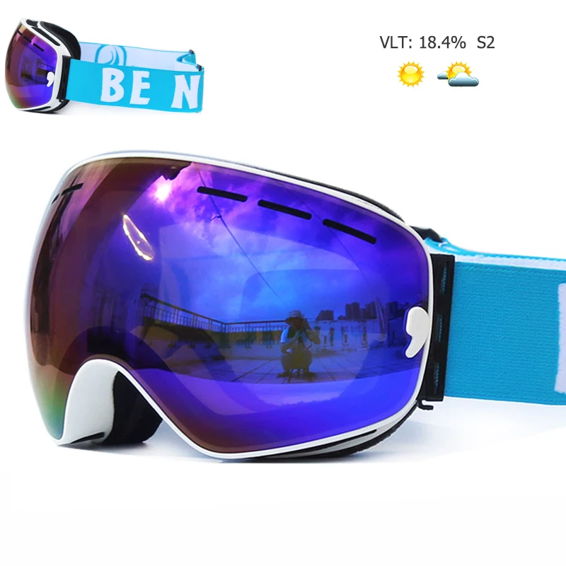 UV400 противотуманные двухслойные лыжные очки с большими линзами, лыжная маска, очки для катания на лыжах, снежные мужские очки для сноуборда, очки с зеркальным покрытием - Цвет: White Blue