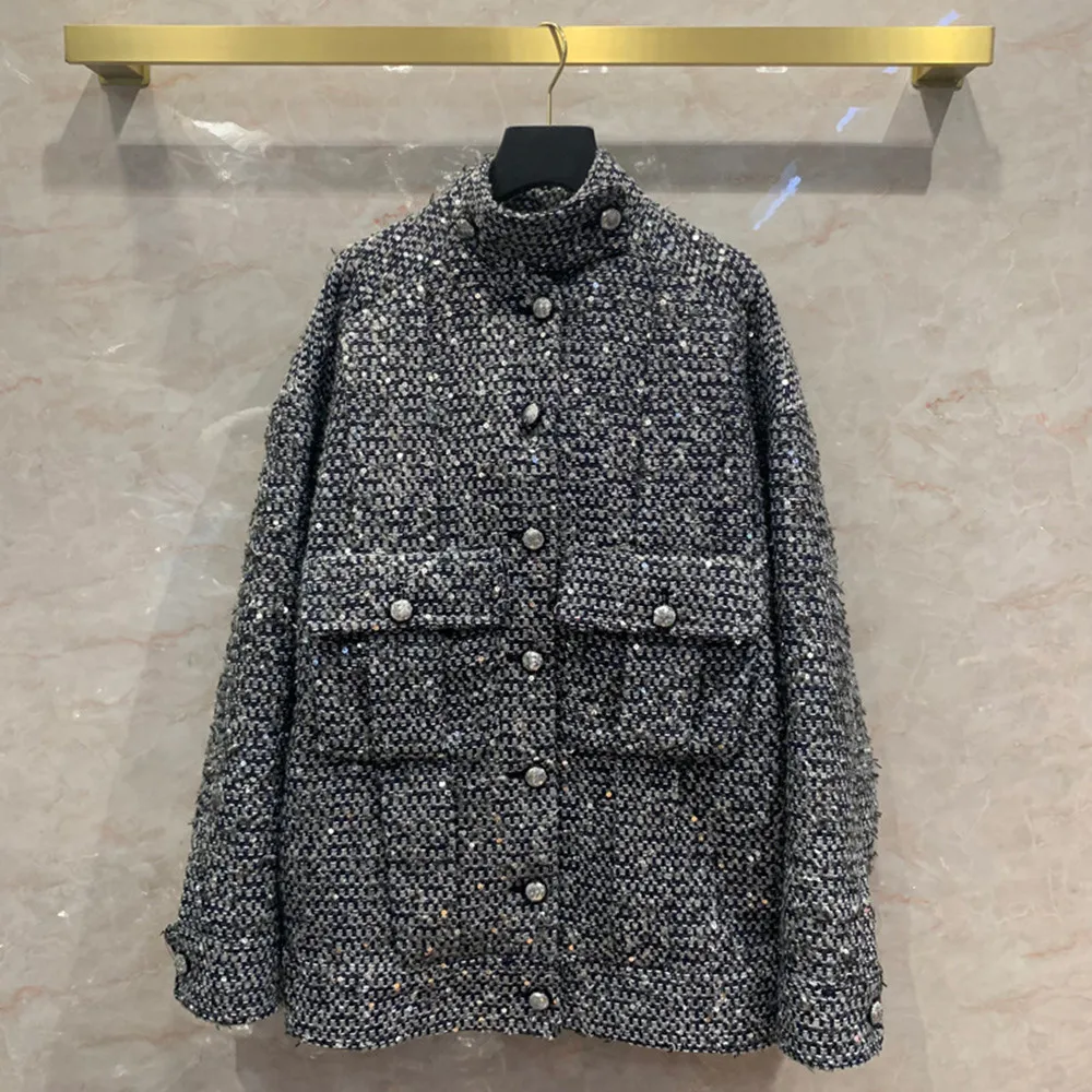 

Autumn Winter New Designer Women's High Quality Sequins Wool overcoat C155