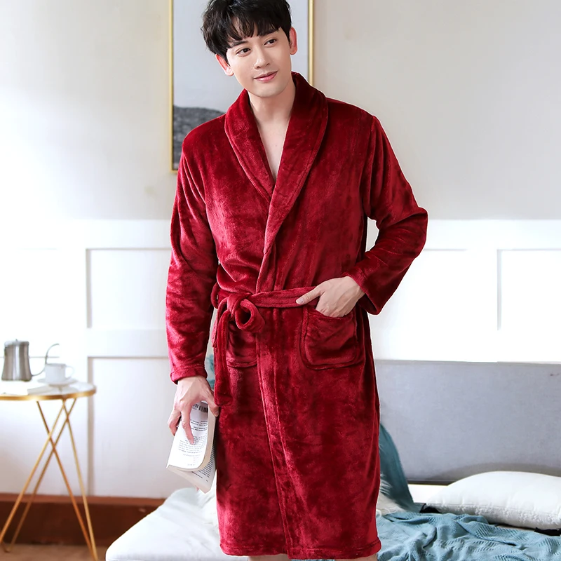 

Winter Robe for Men Solid Simple All Match Causal Pocket Mens Robes High Quality Males Plus Size Thicker Flannel Home Clothes