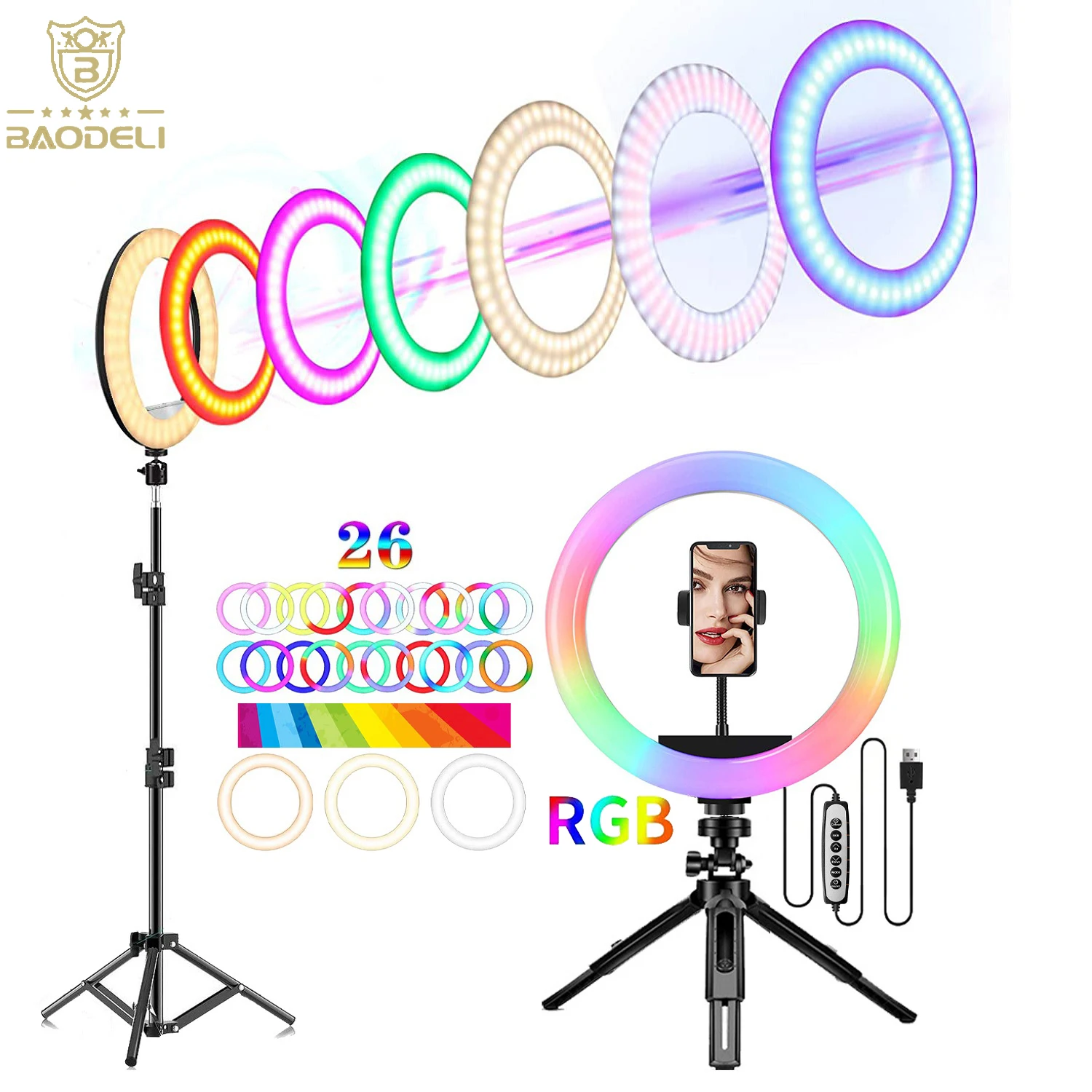 

10in Led Color Selfie Ring Light RGB Photography RingLight Circle Fill Light Tripod Lamp Phone Stand Holder Trepied Makeup