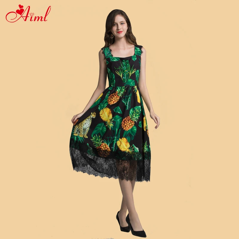 Женское дизайнерское праздничное платье миди на бретельках с принтом зеленых