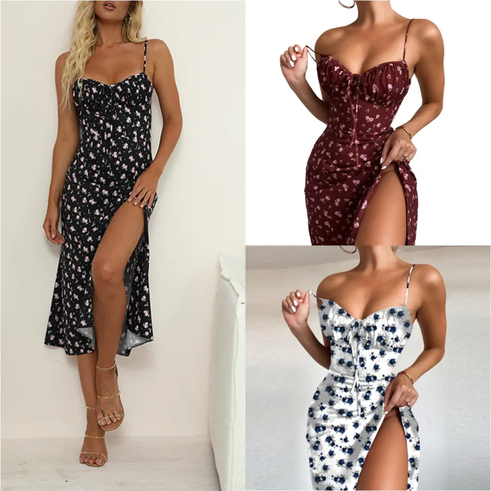 

2021 New Women's Sexy Fashion Floral Fold Iace Up Split Suspender Dress