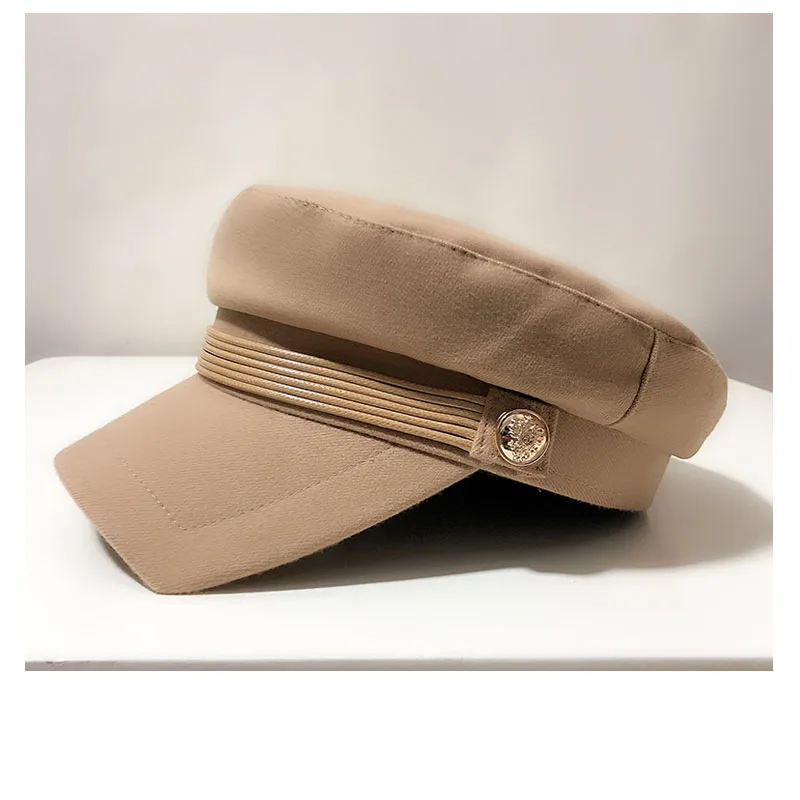 

2020Military Hat Women Flat Top Cotton Painter Cap wool Hats For Women Spring Summer Hat With Silver Chain Korean Fashion Design