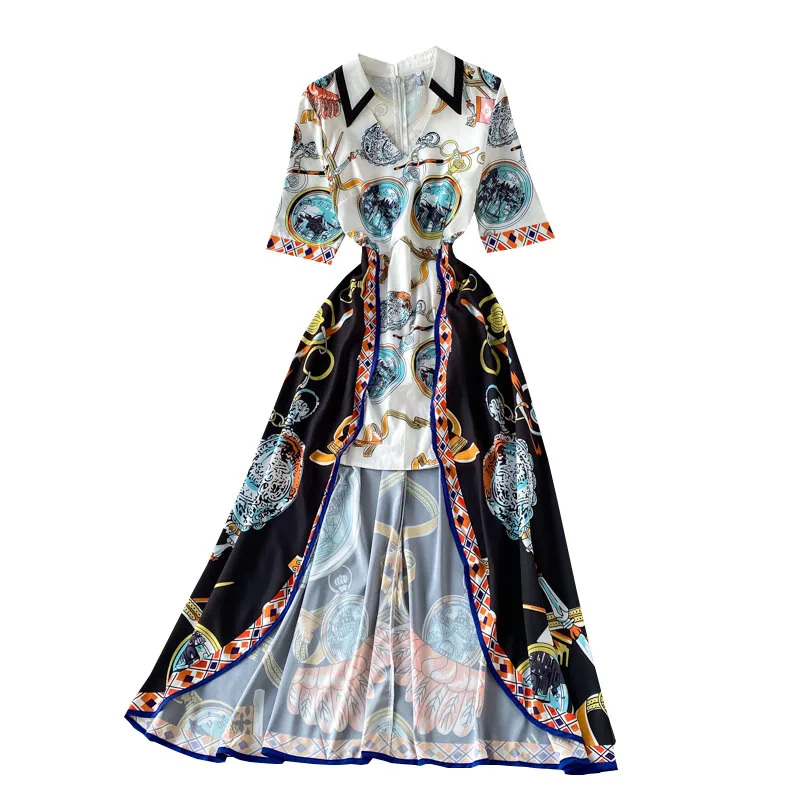 

The new European 2021 summer elegant personality v-neck accept waist false two irregular print dress with short sleeves