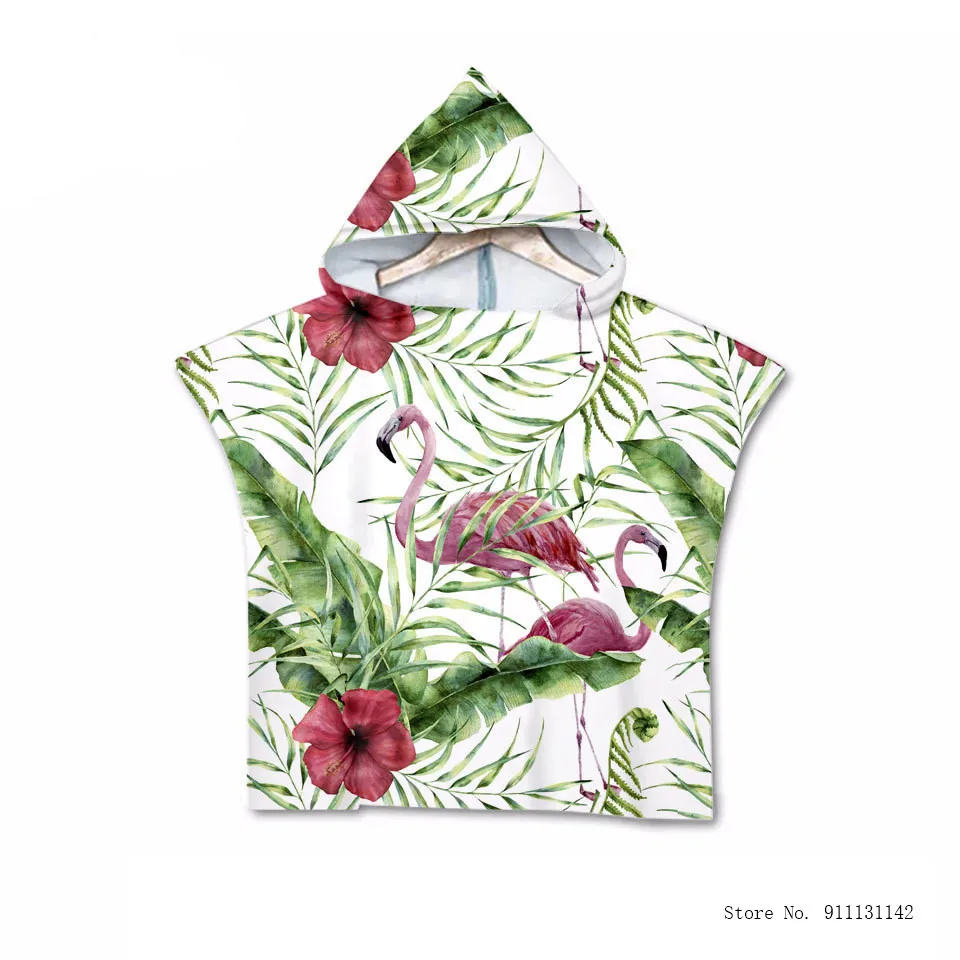 

Fashion Pink Flamingo Green Floral Print Children's Bath Towel 3D Double-sided Digital Print Hooded Portable Cape