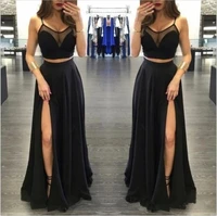 sexy black two pieces prom dresses 2019 high side split floor length a line evening party gowns custom made formal prom dress