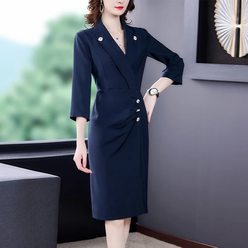 

Suit Collar Dress Female Autumn Outfit Split Commuter Career Women Vogue Office Lady Fashion Slim Bodycon Clothes V Neck