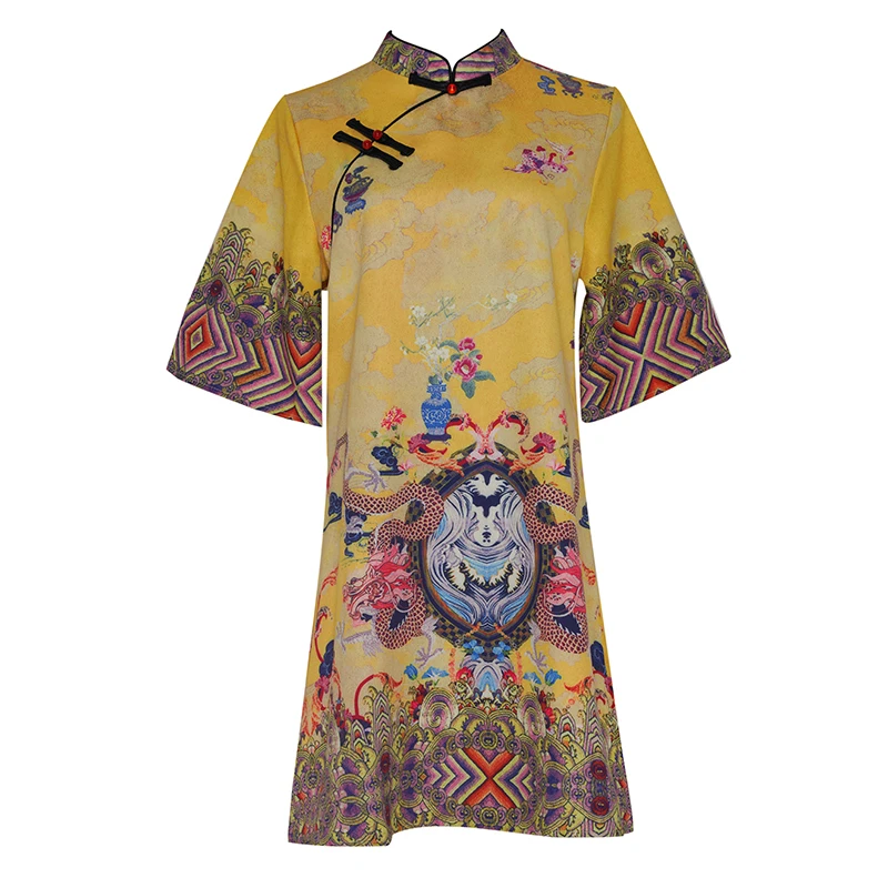 

of literature and art the model of qipao young new micro fat big yards mm loose yellow modified Chinese style dress