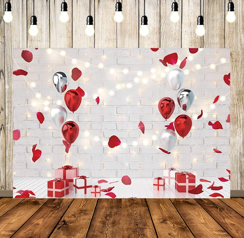 

Valentine's Day Backdrop Rose Petal Red Balloon Brick Wall Background Romantic Love Bridal Shower Baby Kids Party Decor Banner