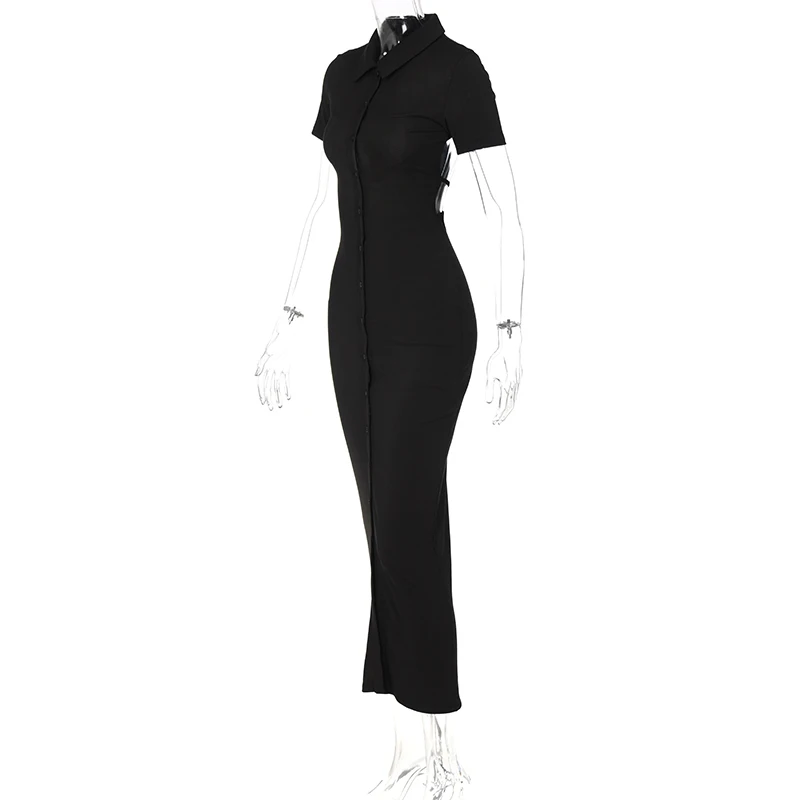 Женское длинное платье в рубчик с отложным воротником и коротким рукавом |