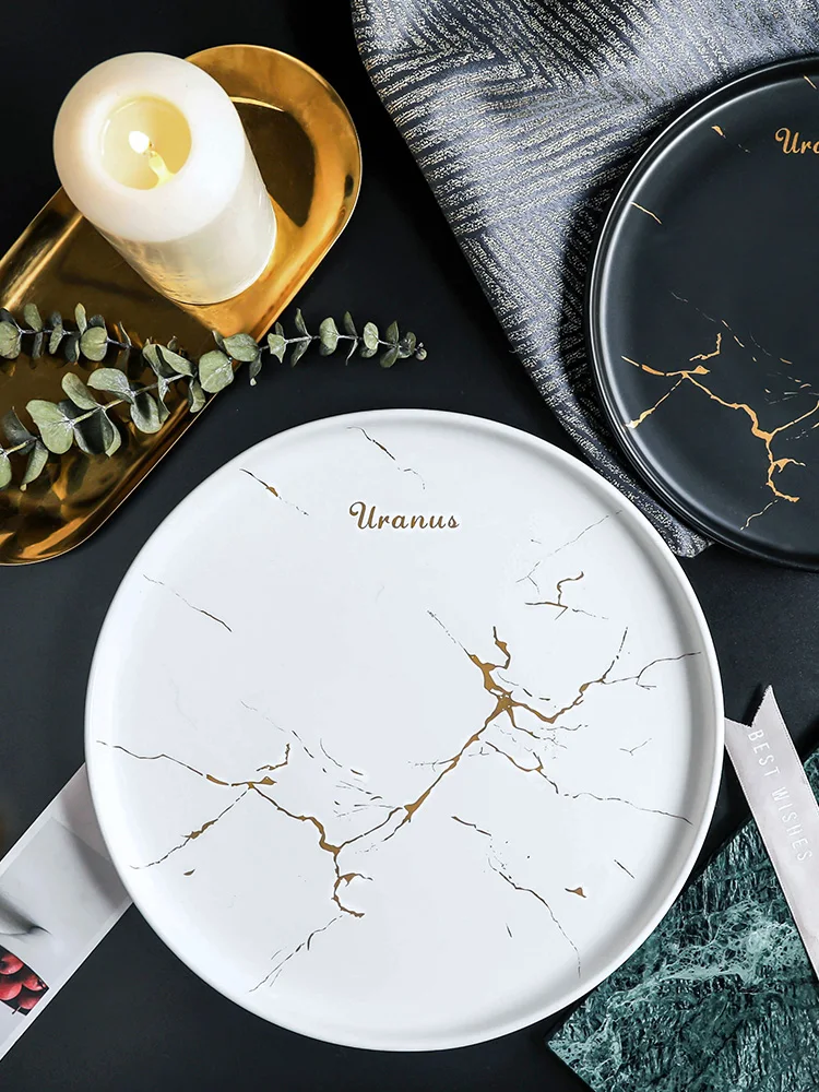 

Household Tableware Dinner Plates Ceramic Round Breakfast White Restaurant Plates Black Pratos De Jantar Pasta Bowl EA60PZ