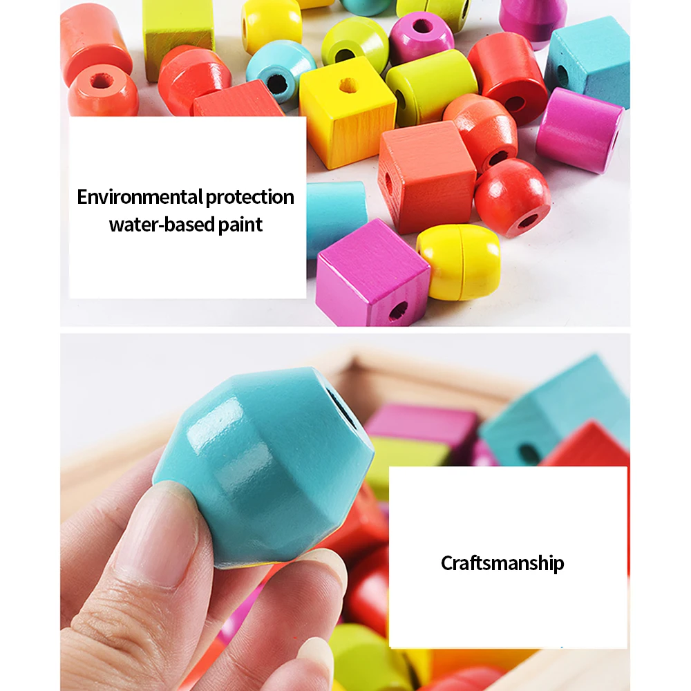 

Beads Lacing Toy Color Shape Recognition Preschool Educational Toy Imaginative Wooden Blocks Threading Toy With 30 Geometric