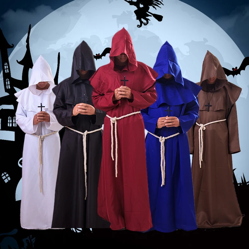 

Horror Grim Reaper Costume Men Vintage Monk Cosplay Cloak Robe Priest Costumes Scary Wizard Halloween Purim Witch Dress Women