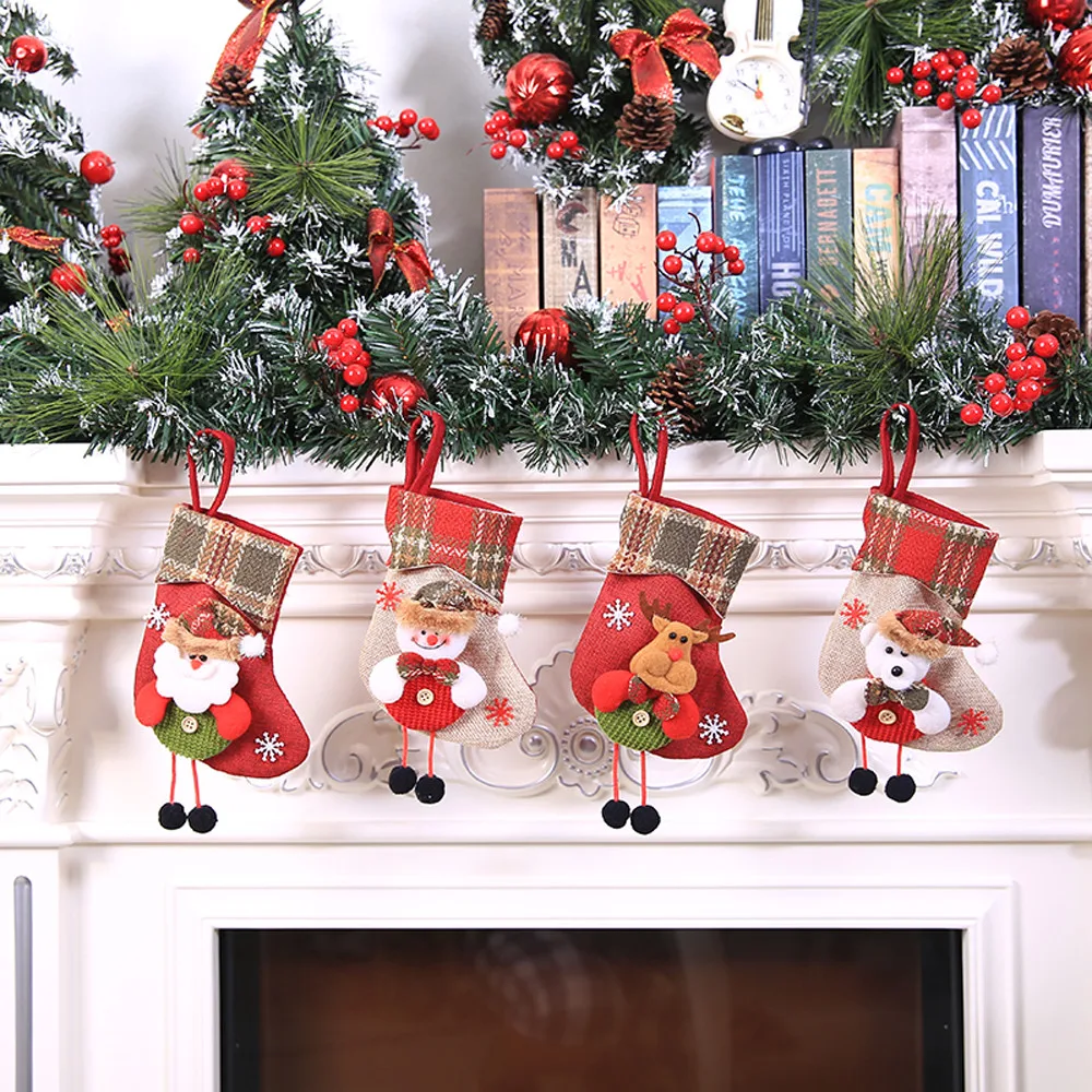 Christmas Stockings Fabric Santa Claus Sock Gift Kids Candy Bag Snowman Deer Pocket Hanging Xmas Tree Ornament aug