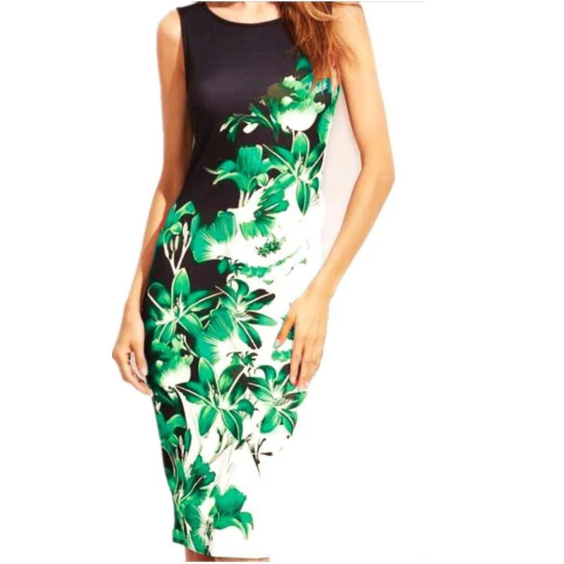 

5XL Plus Size Dress Women Sleeveless Floral Print Bodycon Work Lady Office Dress Sexy Slim Sheath Midi Pencil Dresses Vestidos