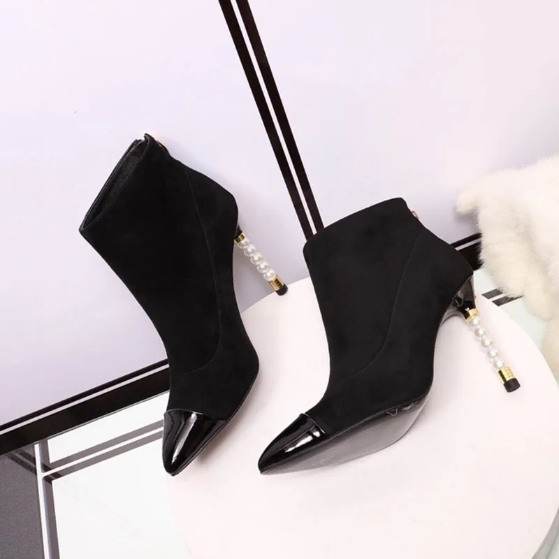 

Fashion Leather Boots Autumn Brand Design Women Shoes Zip Ankle Female Boots With Pearl High Heels 9.5cm