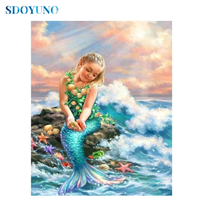SDOYUNO 5d DIY Diamond Painting Full square/round Mosaic embroidery Mermaid by the sea Home Decor Rhinestone Pictures | Дом и сад
