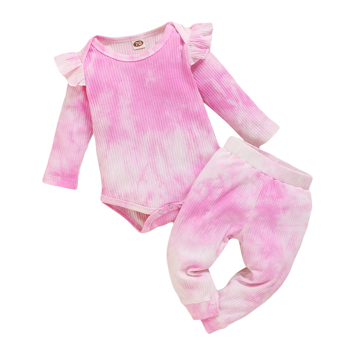 

Children's Two Piece Set Rib Tie Dyed Ruffle Romper Long Sleeves for Toddlers Trousers Suit