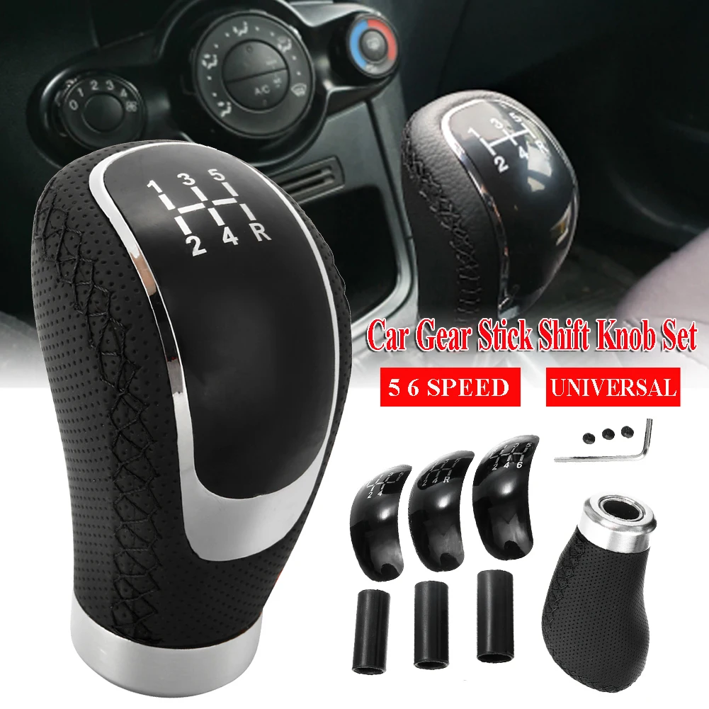 

5 6 Speed Gear Shift Knob PU Leather Universal MT Gearshift Knob with 3 Interchangeable Caps Gear Stick Shift Knob Replacement