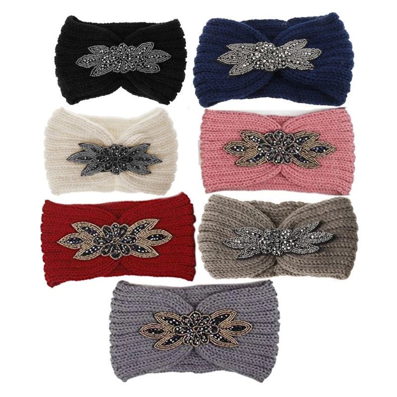 

Women Sequin Knitted Hairband Flower Rhinestone Beaded Ear Warmer Wide Head Wrap