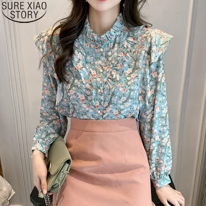 

Spring Autumn New Sweet Floral Print Blouses Women Tops Ruffles Shirt Stand Collar Female Temperament Chiffon Shirt Blusas 17129