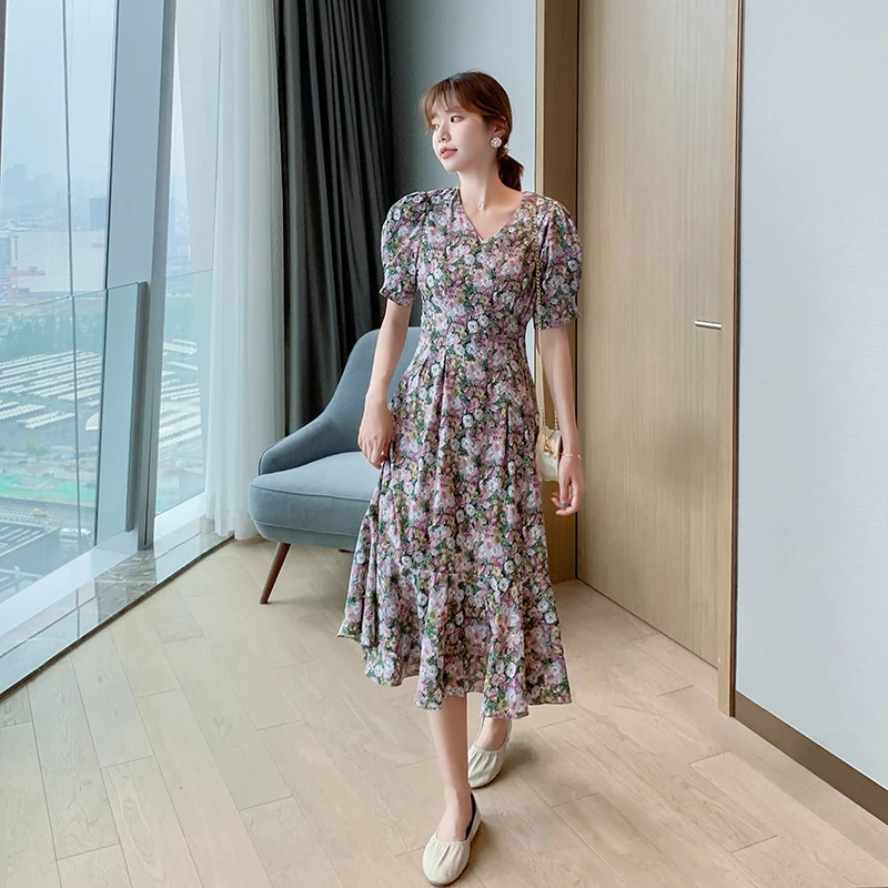 Женское шифоновое платье-миди с цветочным принтом и V-образным вырезом | Женская