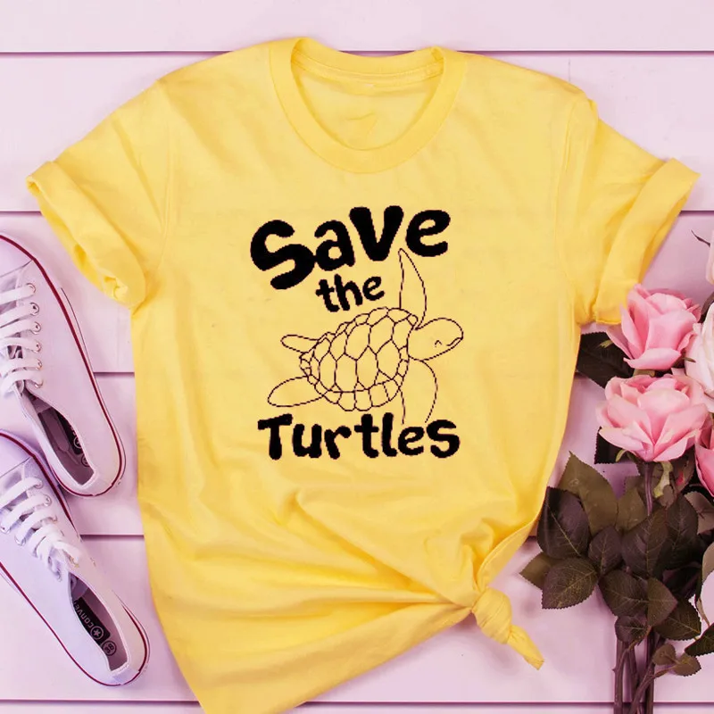 

100%Cotton Women T Shirt Save The Turtles Printed Tshirt Ladies Short Sleeve Tee Shirt Women Female Tops Clothes Camisetas Mujer