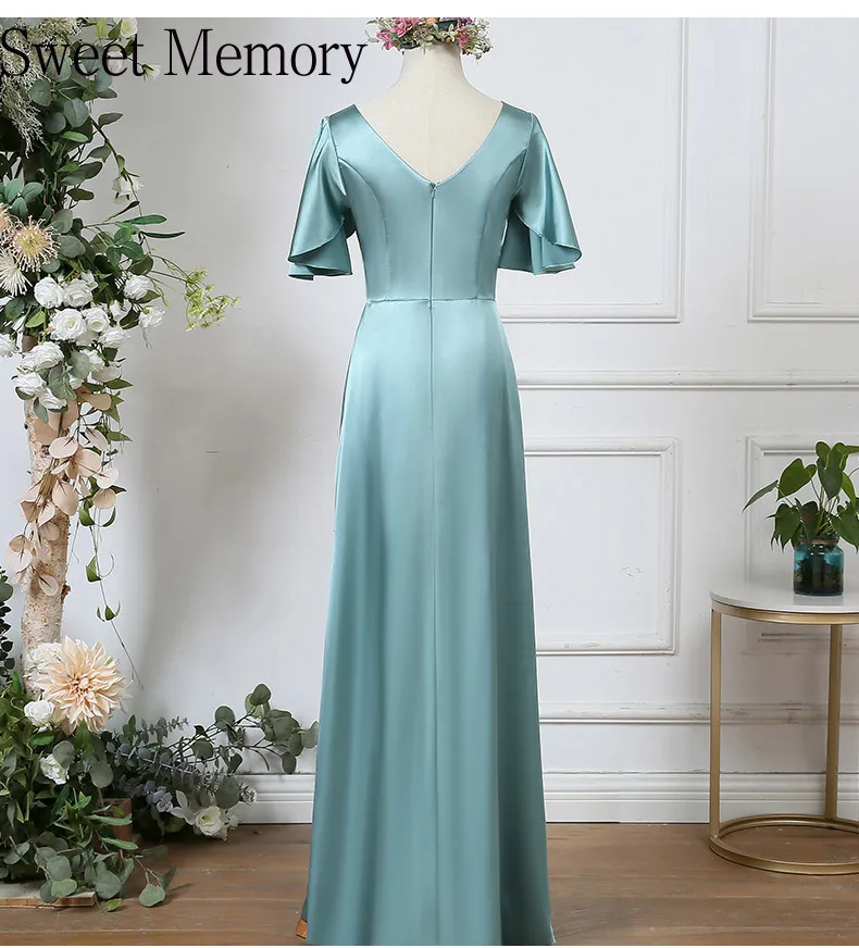 

Sweet Memory Long Satin Blue Bridesmaid Dresses Wedding Party Gowns