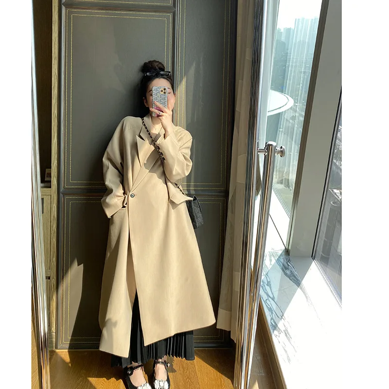 

Mooirue 2021 Spring Elegant Women Long Blazer Pink Long Suit Coat Korean Casual Slim One Button Suit Coat