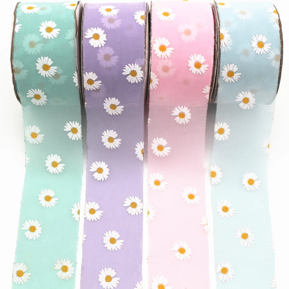 

New diy25 size 4 cm Daisy printed chiffon cloth ribbon woven flower shoes Hat Flower Bow accessories gift packaging