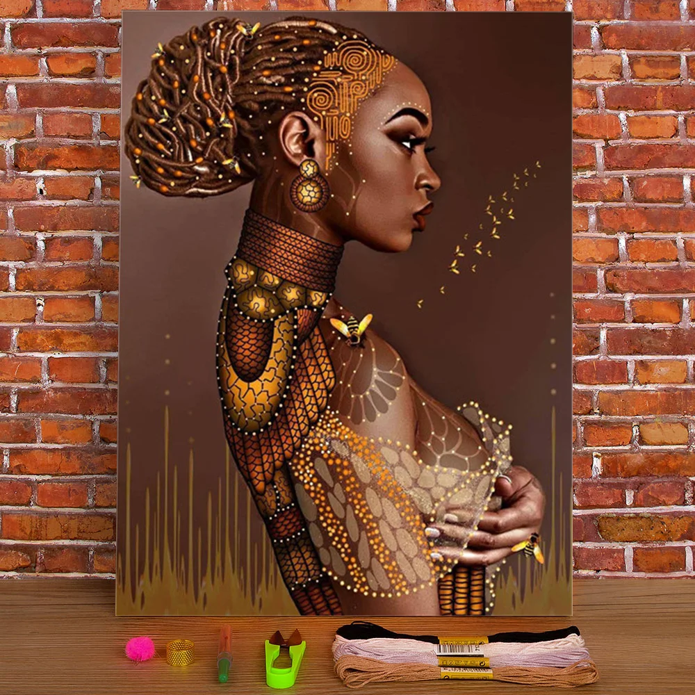 

African Woman Printed Water-Soluble Canvas 11CT Cross Stitch Kit DIY Embroidery DMC Threads Needlework Painting Package