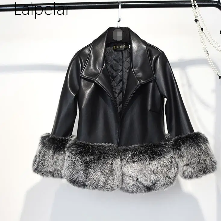 

Laipelar 2020 New Fashion Faux Fur Hemline Patchwork PU Leather Short Type Jacket Female's Long Sleeve Black Coat Vestido