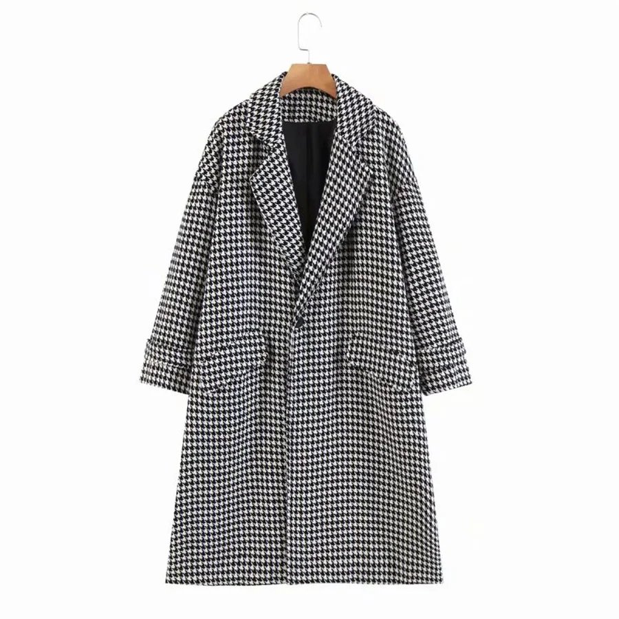 

Женское свободное шерстяное пальто PUWD, винтажное клетчатое пальто в стиле «гусиные лапки» с карманами и одной пуговицей, шикарная верхняя о...