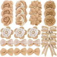 24pcs burlap flowers8 styles natural handmade rustic rose flower bowknot with faux pearls for diy craft bouquets home wedding c