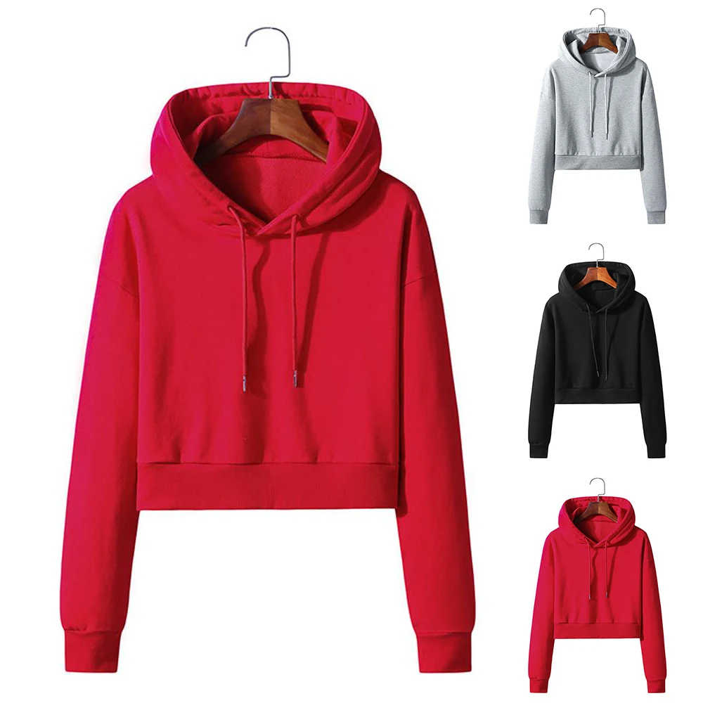 

Solid Cropped Hooded Sweatshirt Winter Autumn Long Sleeve Short Pullover Casual Loose Pocket Hoodie Womens Clothing 2021
