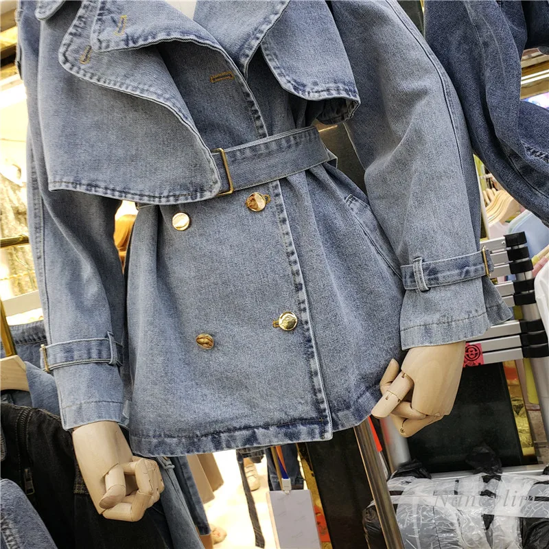 

Denim Jacket Women 2021 Spring New Korean Style Double Breasted Suit Collar Short Jean Jacket Belt Waist Lady Top