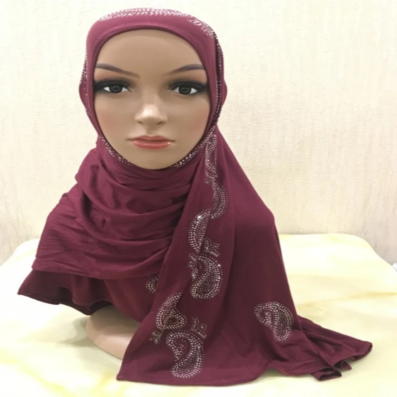 H070 мягкий модальный хлопок джерси длинный шарф для мусульманки со стразами