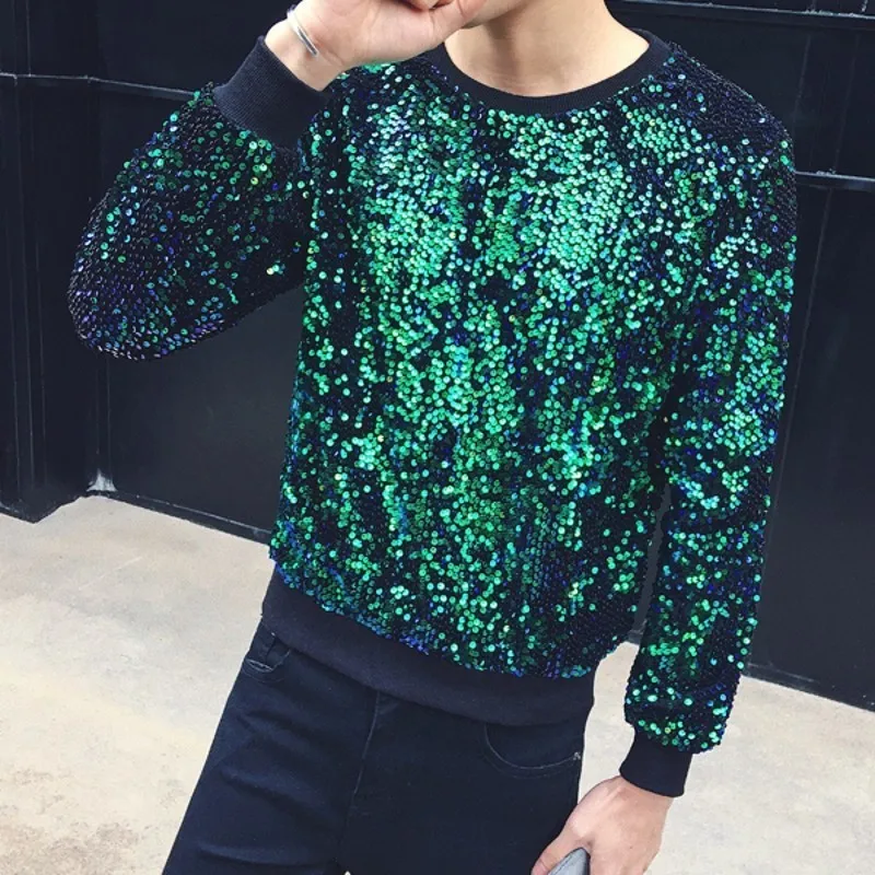 Новинка 2020 модные топы с круглым вырезом и блестками Мужская футболка длинным