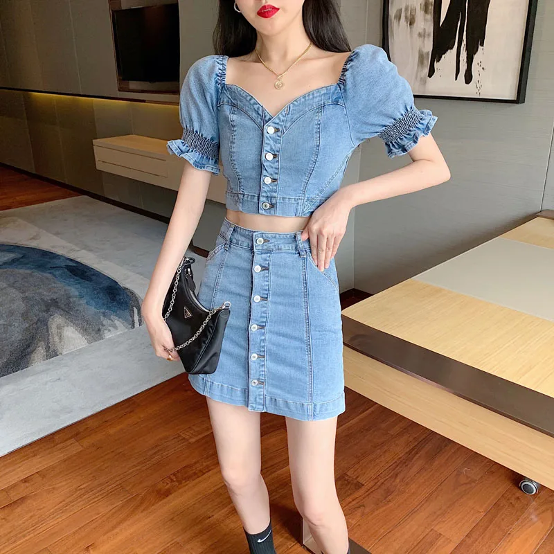 

2021 Korean Summer Women 2 Piece Set Denim Sexy Slash Neck Short Sleeve Buttons Crop Top + Mini Skirts Suit Female