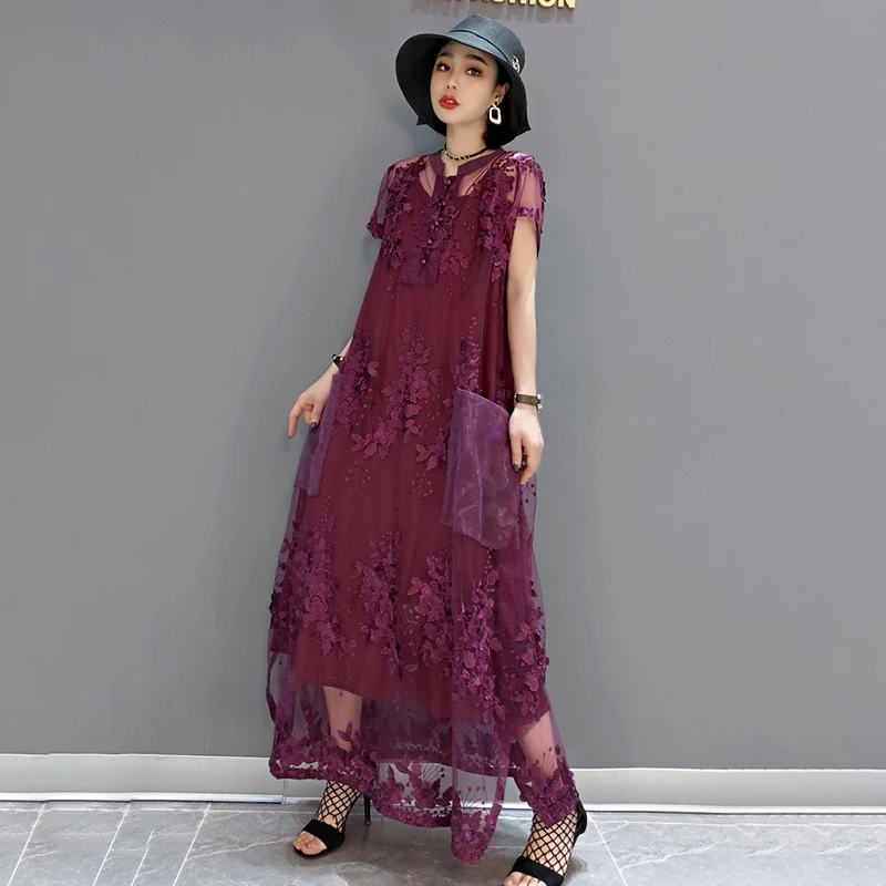 

SHENGPALAE Elegant Black Mesh Embroidery Derss Women's Summer 2021 New Round Neck Button Short Sleeve Mid-calf Dresses Female