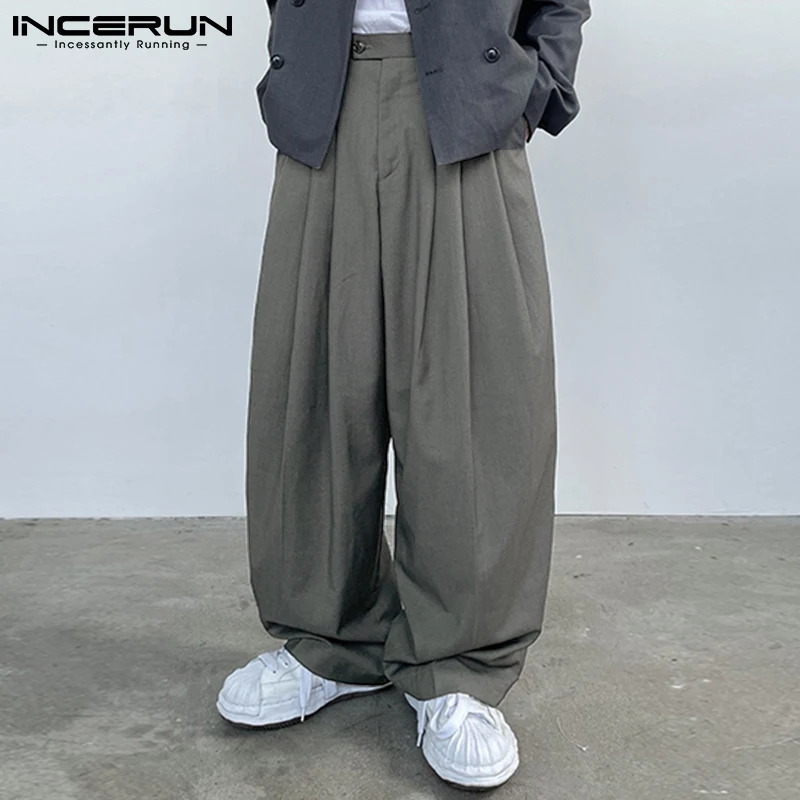 

INCERUN Stylish Casual Style Men's Hansome All-match Simple Pantalons Streetwear Loose Solid Pleated Wide Leg Pants S-5XL 2021