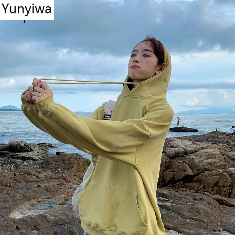 

Solid Color Hoody Women Korean BF Style Hooded Long Sleeve Pullovers Tops Autumn 2020 Loose Oversized Female Coats 1F037