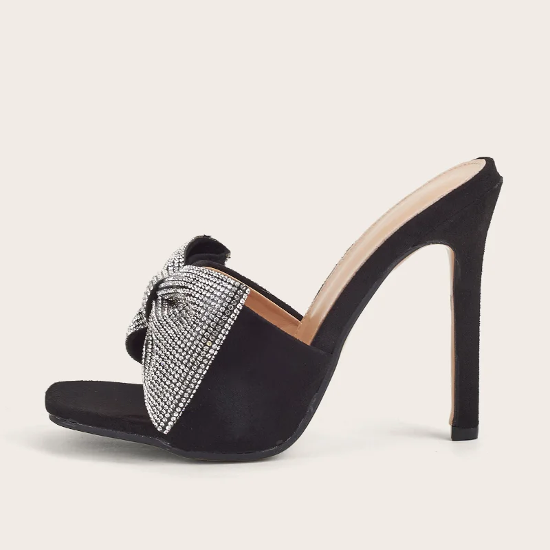 

HOKSVZY Fashion Rhinestone Bow Women Sandals Summer Square Toe High Heels Casual Outer Wear Slippers Women CWF