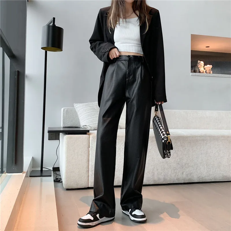 

Брюки женские прямые из ПУ кожи, с карманами, на резинке