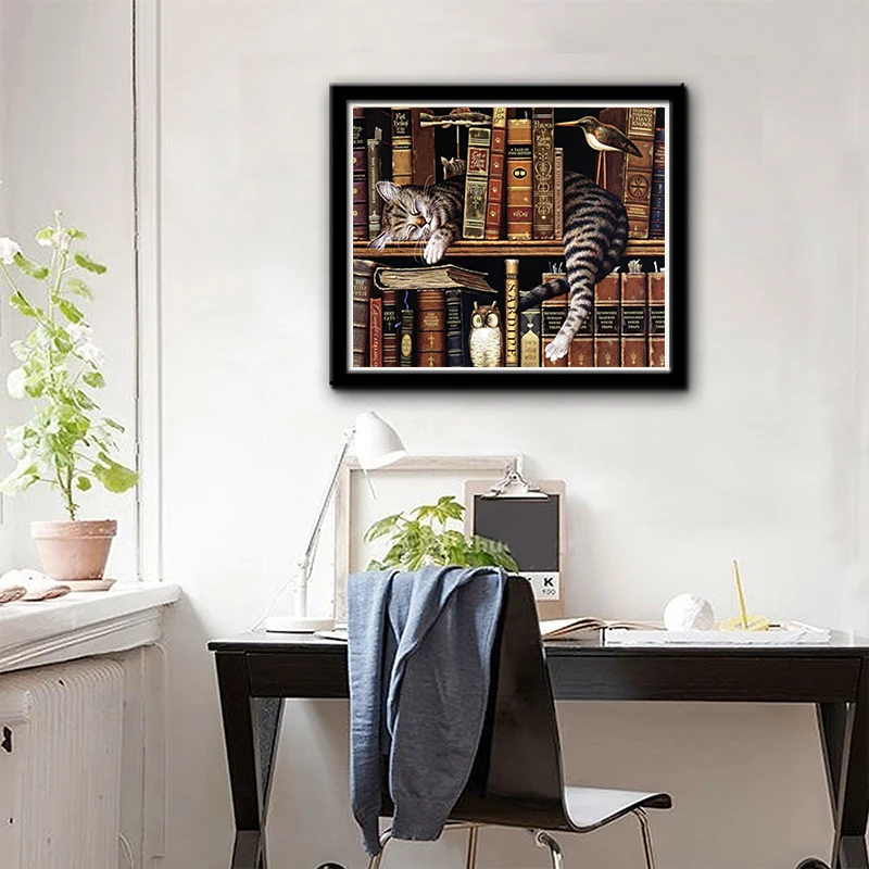 WUJIE DIY 5D алмазная картина полная дрель милый кот книжная полка крестиком Гостиная