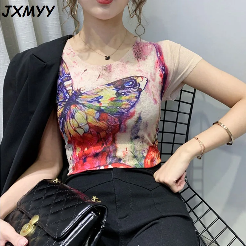 

European station 2021 summer new fashion all-match printing short-sleeved bottoming shirt slim top women JXMYY 3XL