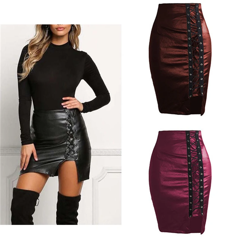 

Spring Summer Women Side Split Pencil Skirts Black Lace Up PU Leather Skirts Vintage Bodycon High Waist Mini Skirt