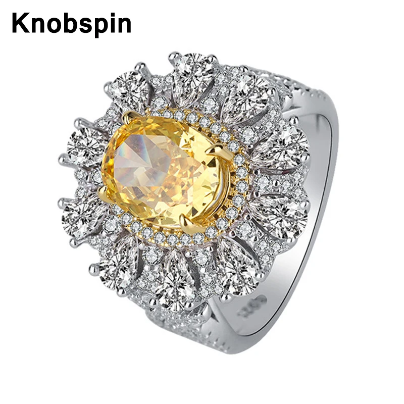 

Knobspin 100% 925 Sterling Silver Citrine 8*10mm High Carbon Diamond Flower Rings For Women Sparkling Wedding Party Fine Jewelry