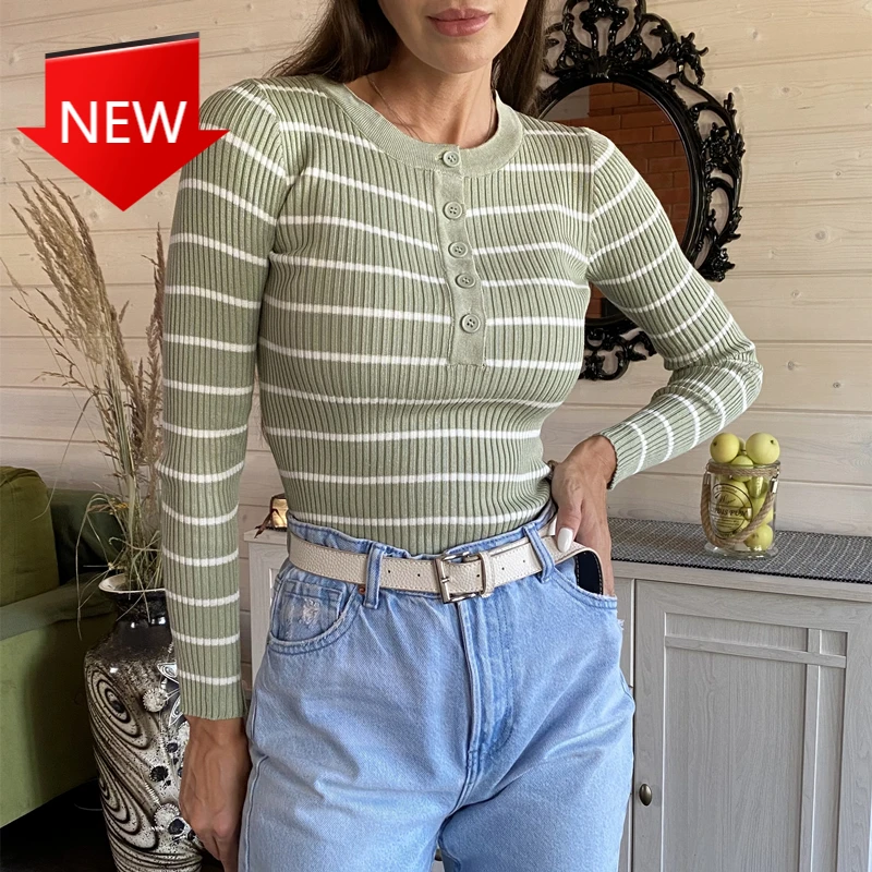 

r Buttons Knitted Pullovers Striped Casual Fashionable Wild Ladies Tops 2021 Winter Spring Women Sweate