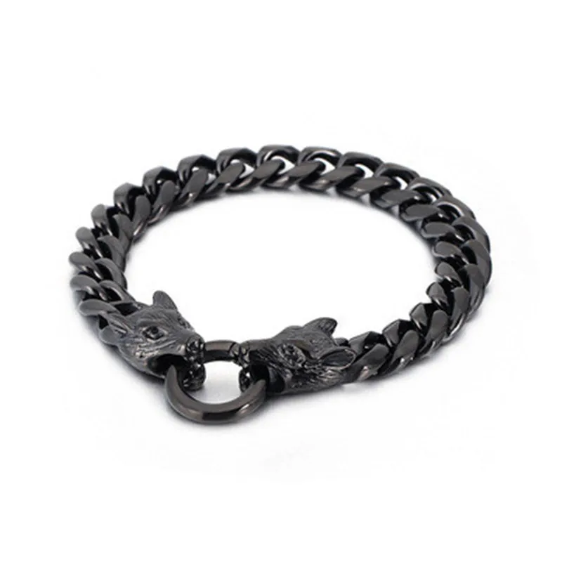 

Titanium Steel Jewelry Wolf Head Charm Bracelet, Men Punk Hip-Hop Simple Personality Chain Stainless Steel Chain Wolf Bracelet